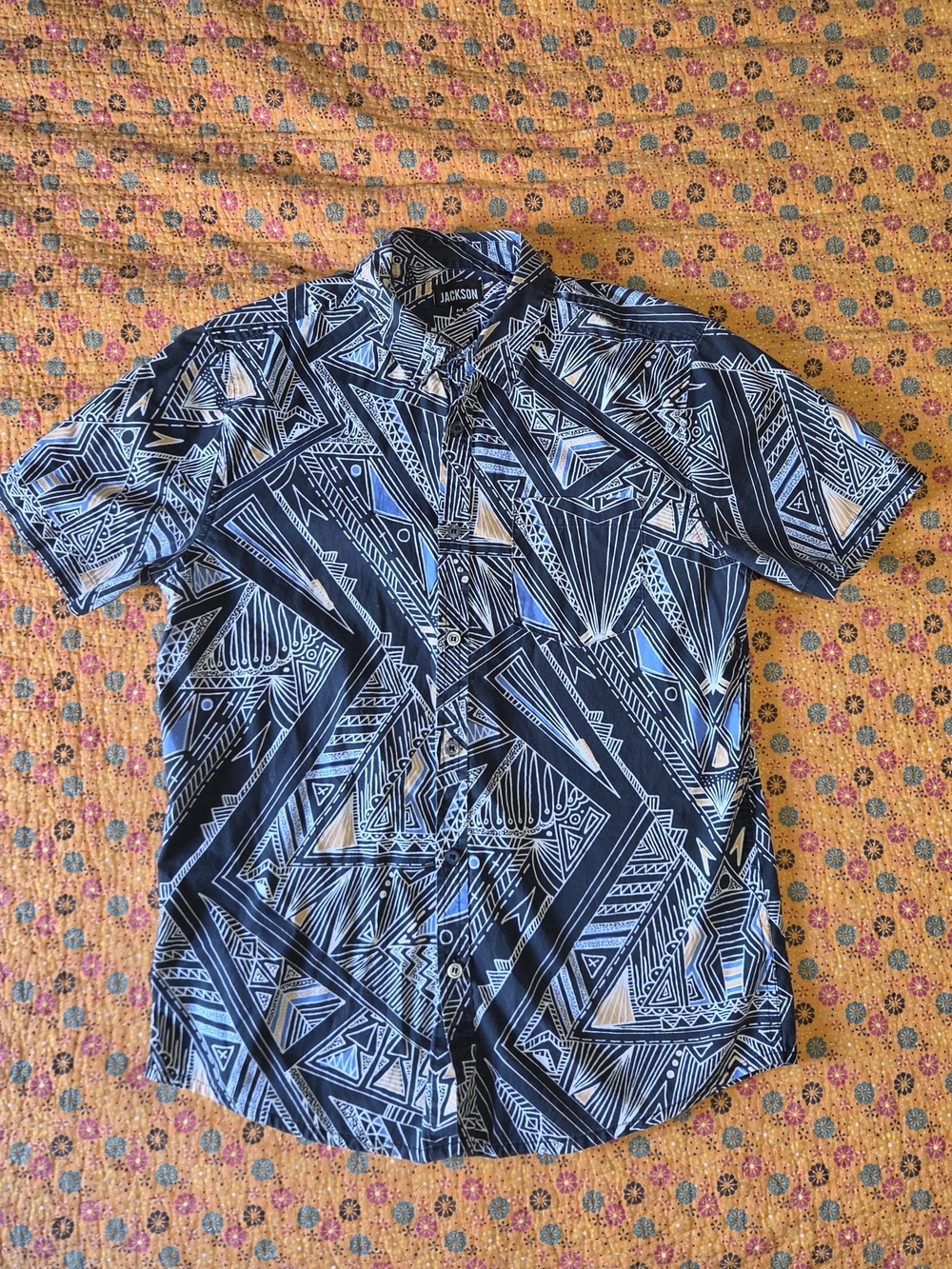 JACKSON Men’s Short-Sleeve Geometric Navy Button-Down Shirt M